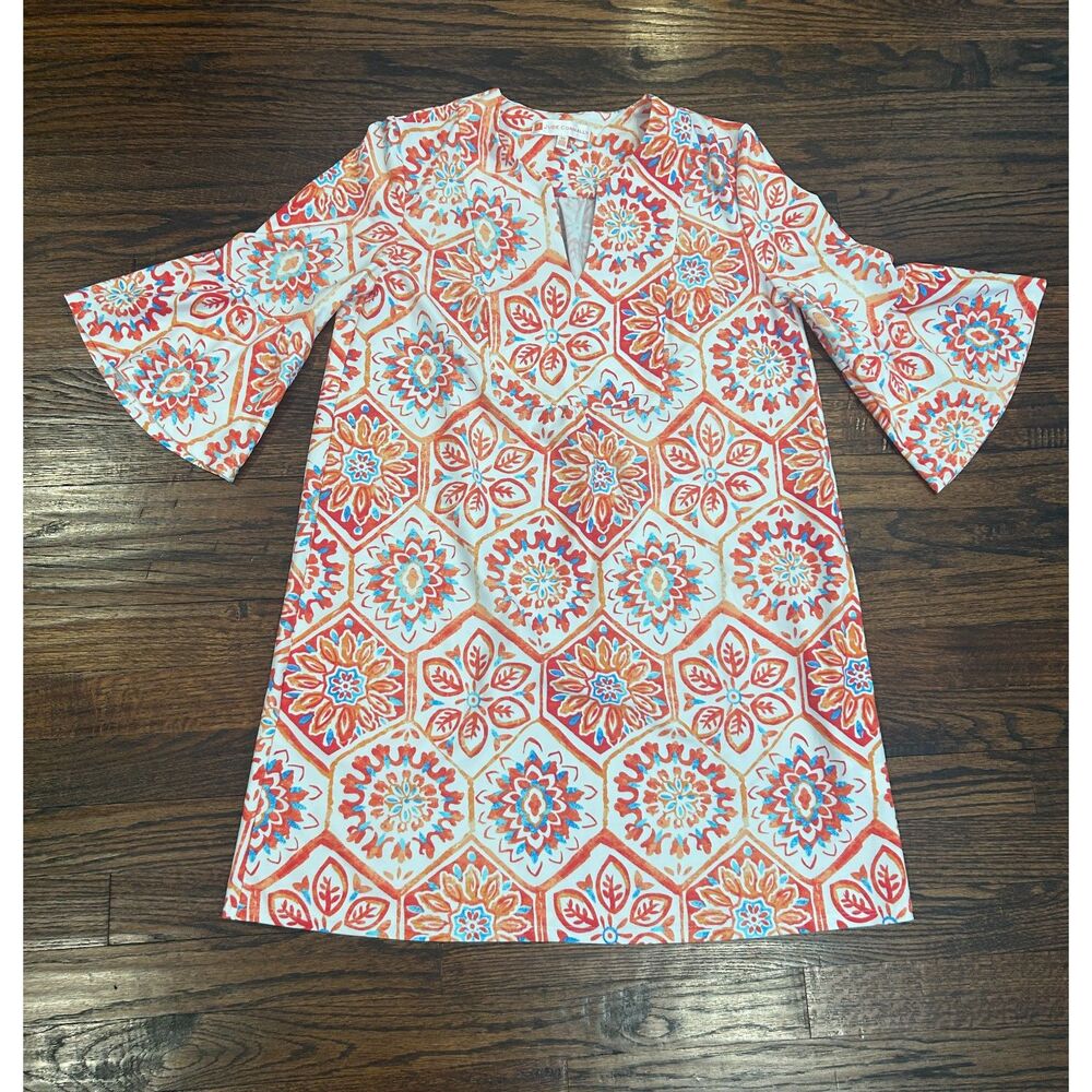 Jude Connally orange blue women's geometric pattern v-neck 3/4 sleeve dress XS
